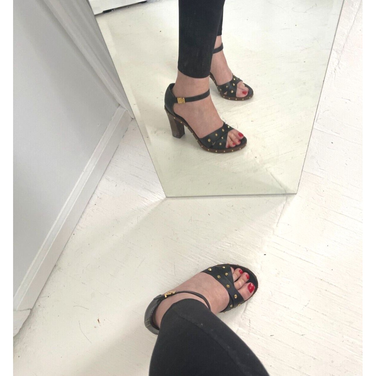 Fashion!!! Louis Vuitton Black Leather Nail Stud Ankle Strap Heels